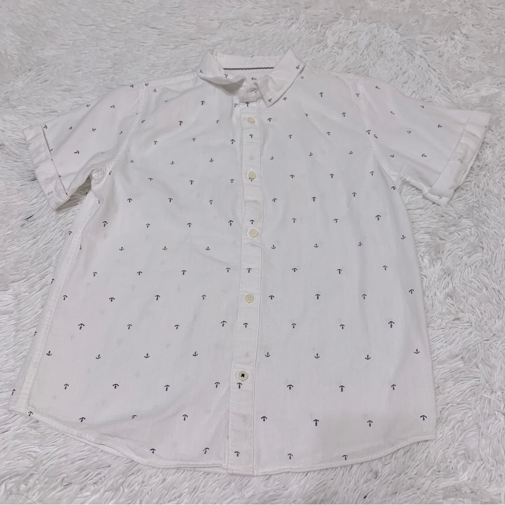 Zara boy's short sleeve Anchor Pattern linen blend button up shirt